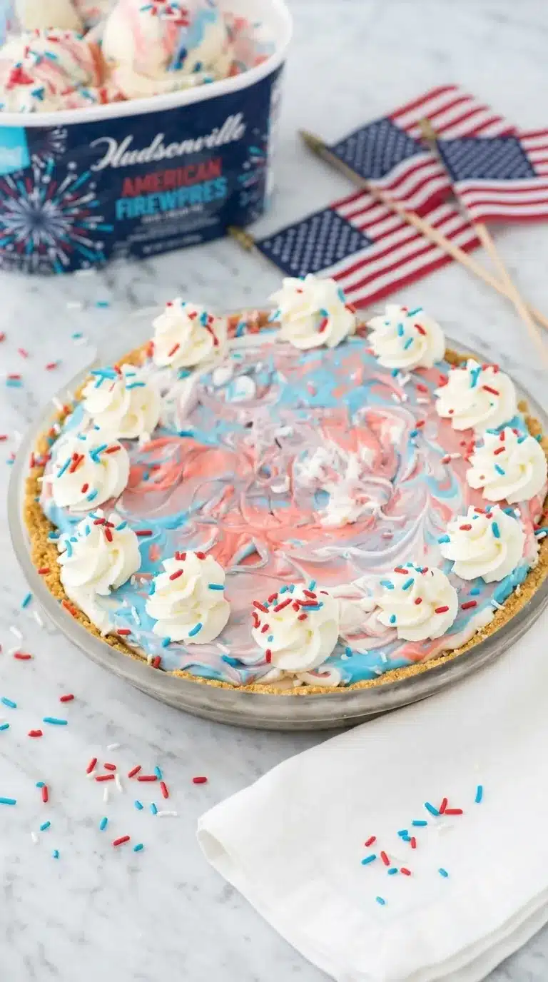 4th of July ice cream pie with red white and blue swirls and whipped cream topping