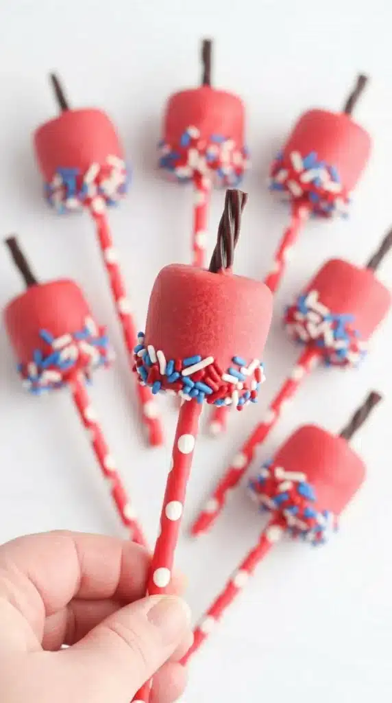 4th Of July Marshmallow Pops close up with patriotic sprinkles and candy coating