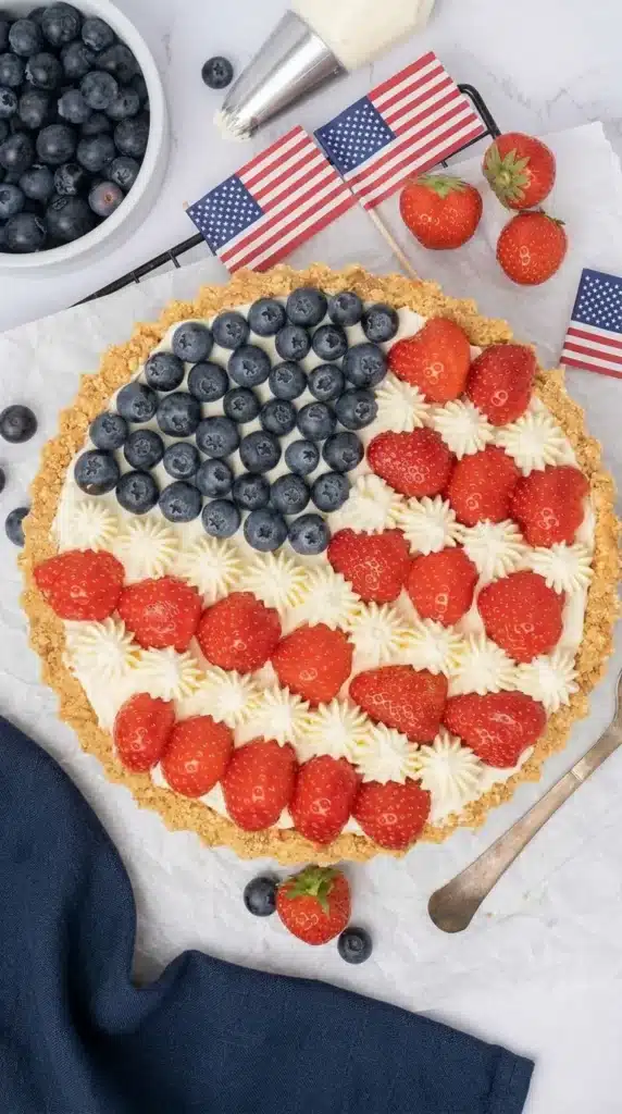 4th of July Pie with strawberries and blueberries on creamy cheesecake filling