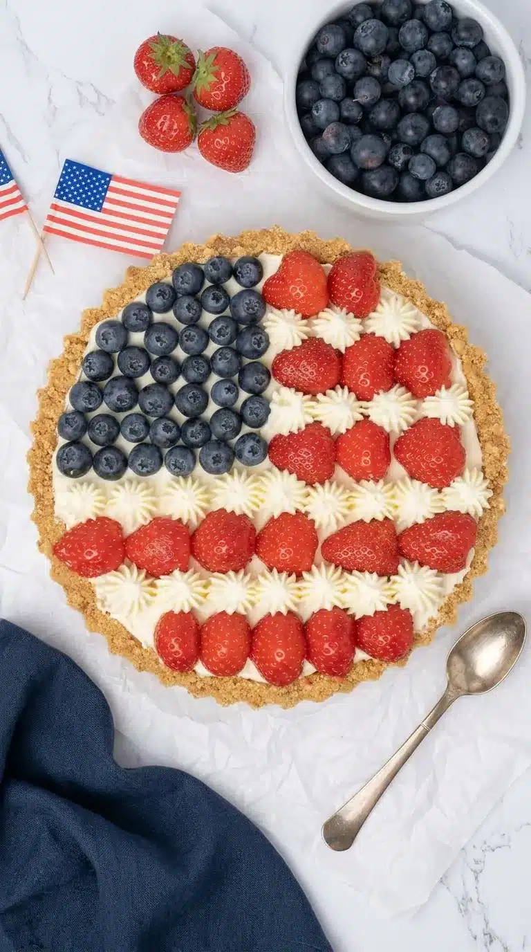 4th of July Pie with strawberries, blueberries, and creamy no bake cheesecake filling