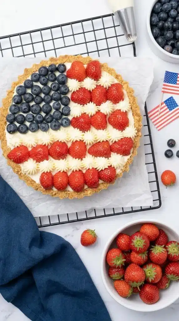 4th of July Pie decorated with strawberries and blueberries in a patriotic flag design