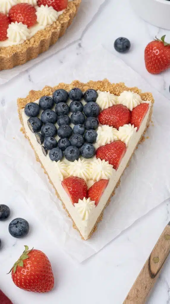4th of July Pie slice with strawberries blueberries and creamy cheesecake filling