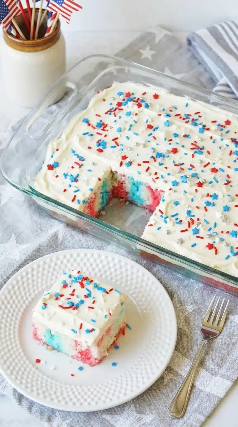 Close up 4th Of July Poke Cake Recipe slice with patriotic sprinkles and creamy frosting