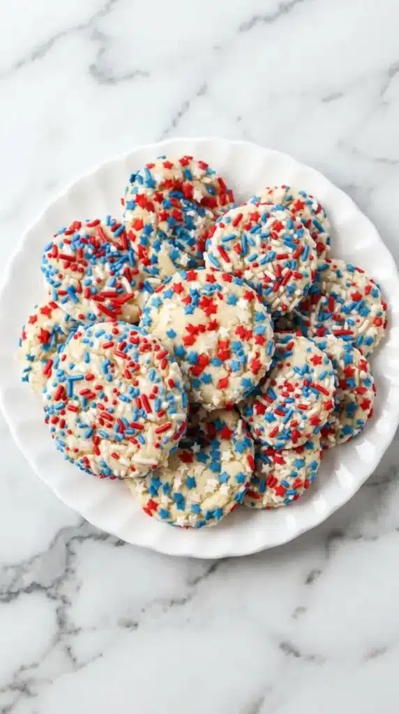 4th of July Sprinkle Cake Mix Cookies That Feel Amazing 7 4th of July Sprinkle Cake Mix Cookies served on a white dessert plate