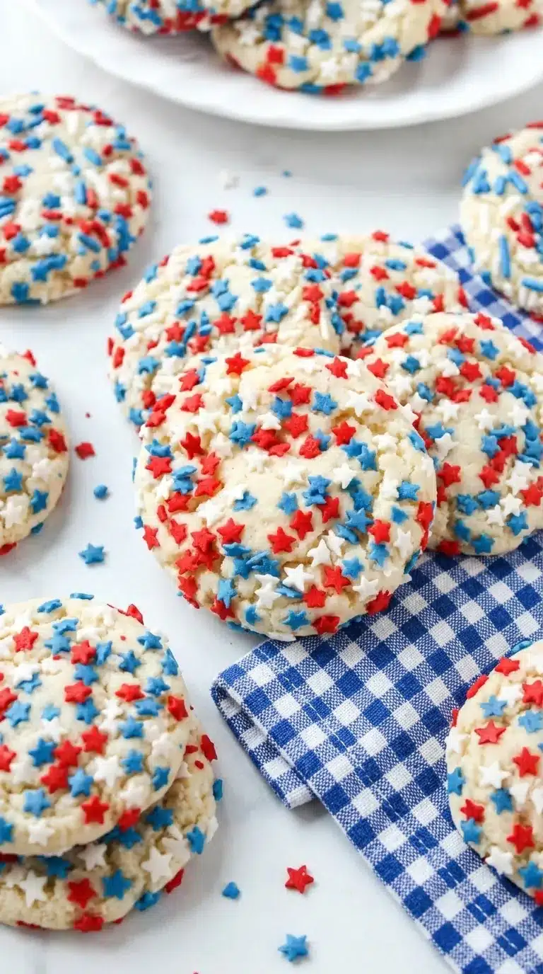 4th of July Sprinkle Cake Mix Cookies with red white and blue patriotic sprinkles