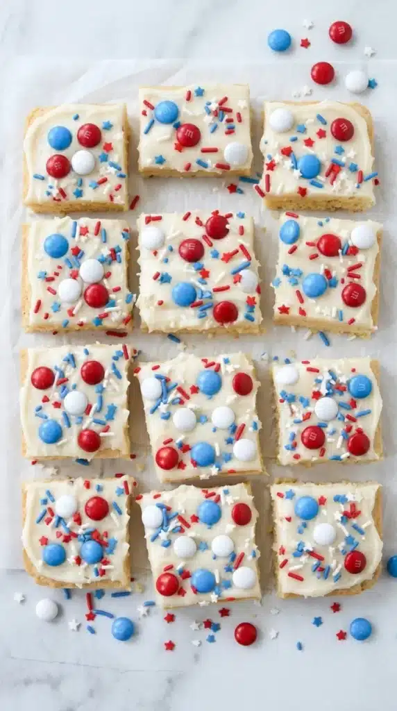 4th of July Sugar Cookie Bars with creamy frosting and patriotic sprinkles