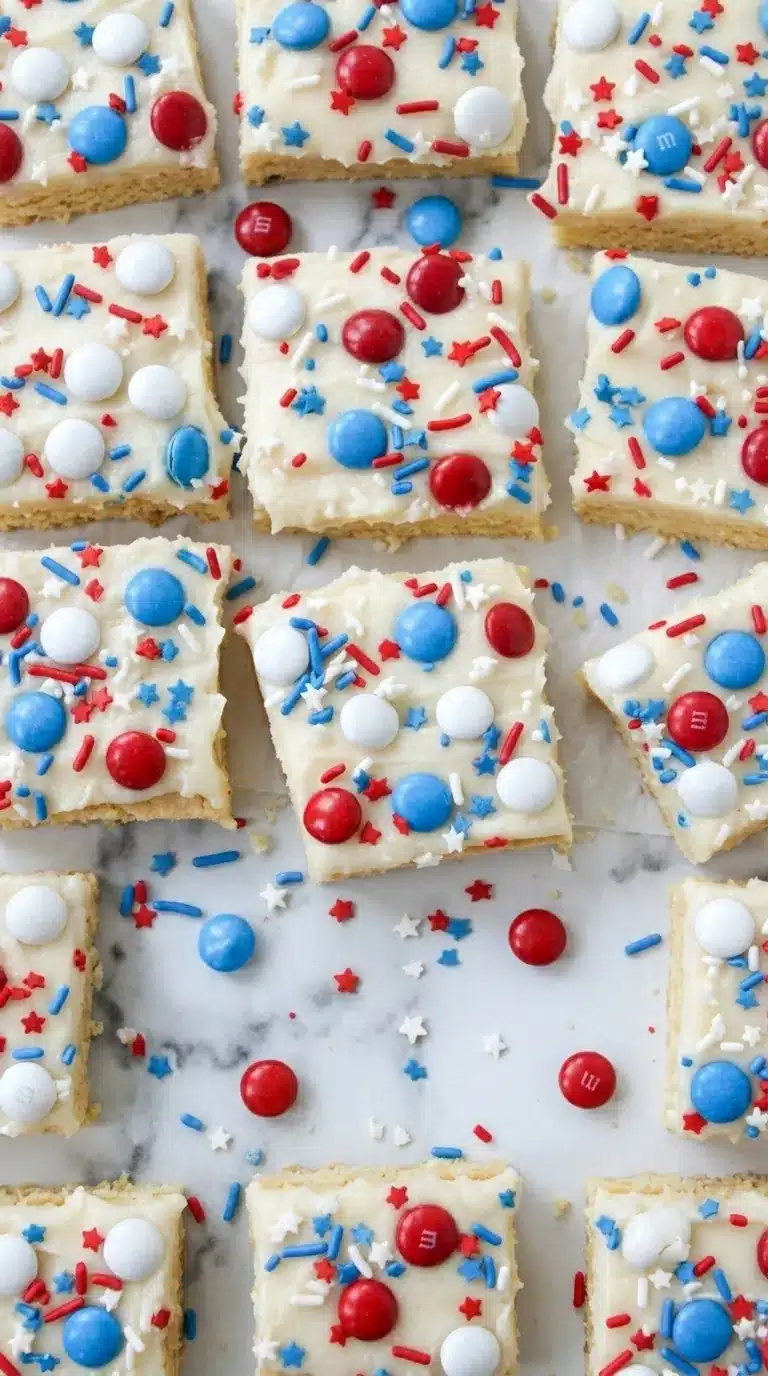 4th of July sugar cookie bars with vanilla frosting and patriotic sprinkles