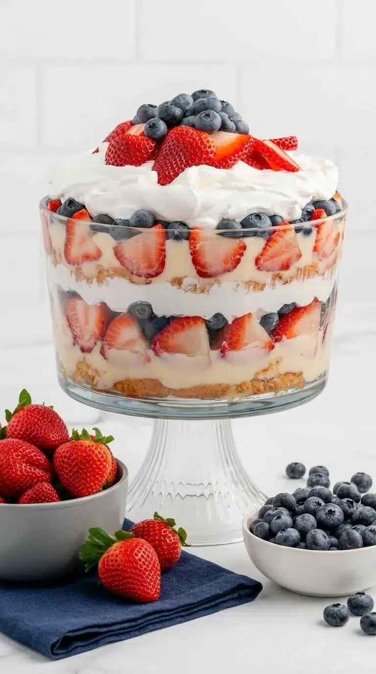 4th of July trifle with strawberries blueberries whipped cream and cake layers