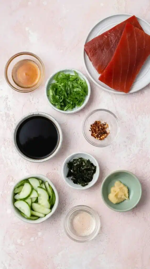 Ahi Tuna Poké Bowls & My Perfect Marinade ingredients arranged for homemade poke bowls