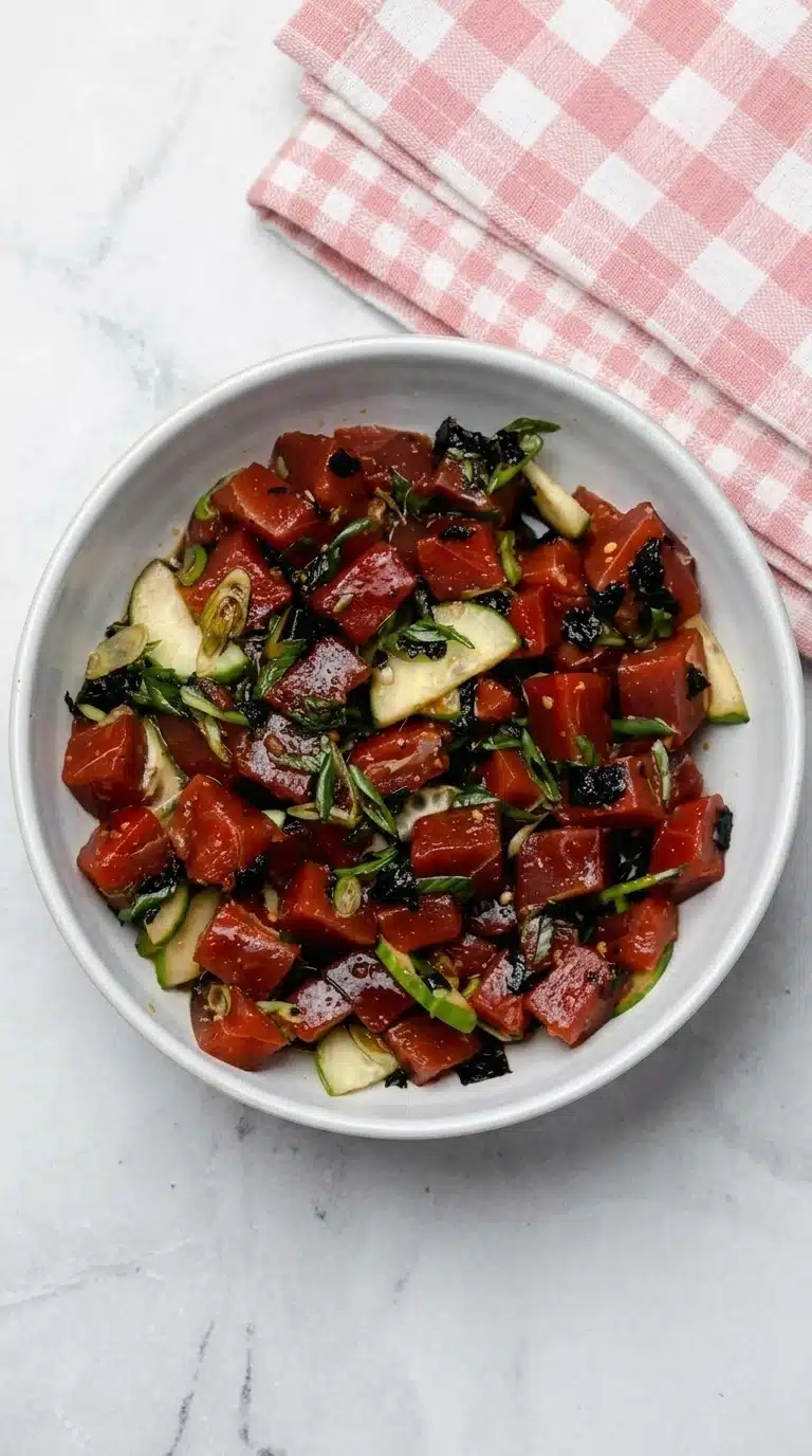 Ahi tuna poke bowl with marinated sushi grade tuna, cucumber, scallions, and sesame sesame topping