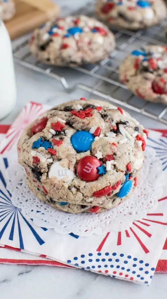 4th of July cookie with Oreo chunks and red white blue candies on festive napkin