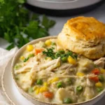 Crock pot chicken pot pie with biscuit and creamy vegetables in a bowl