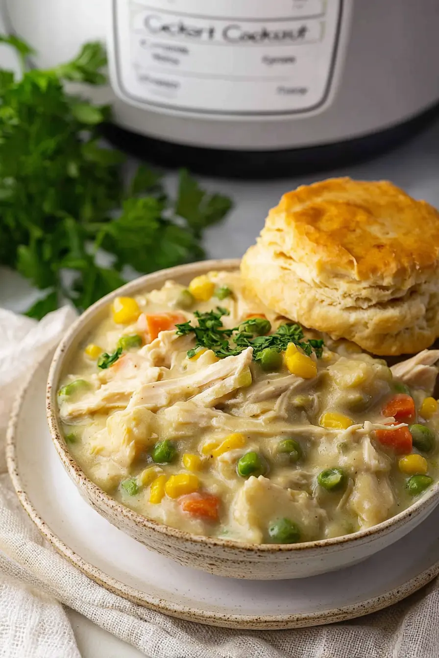 Crock pot chicken pot pie with biscuit and creamy vegetables in a bowl