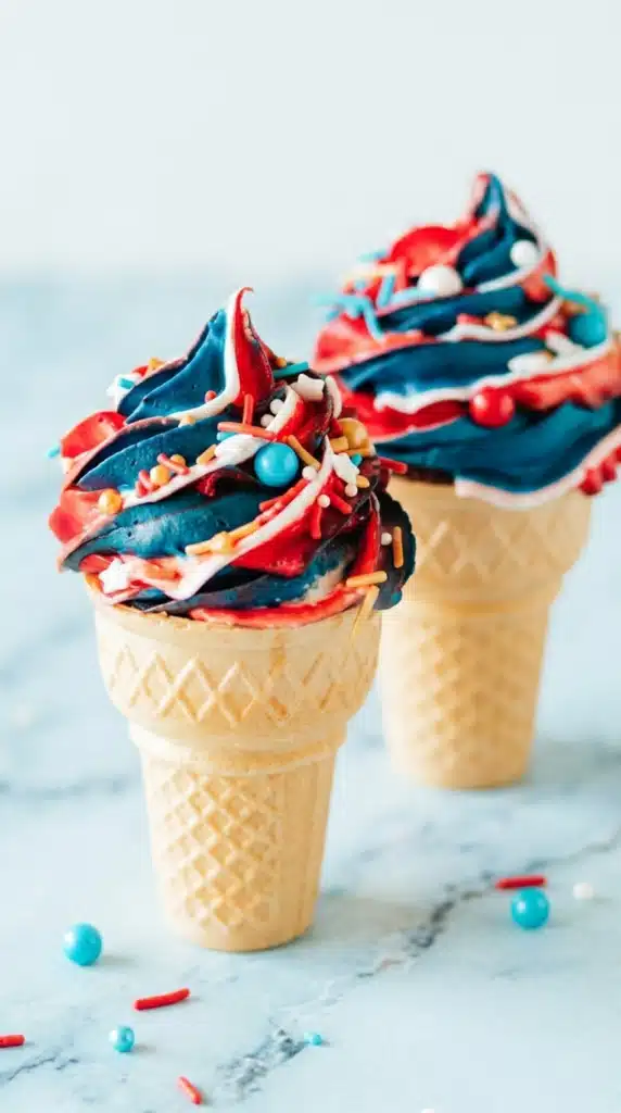 4th Of July Ice Cream Cone Cupcakes with red white blue frosting and sprinkles