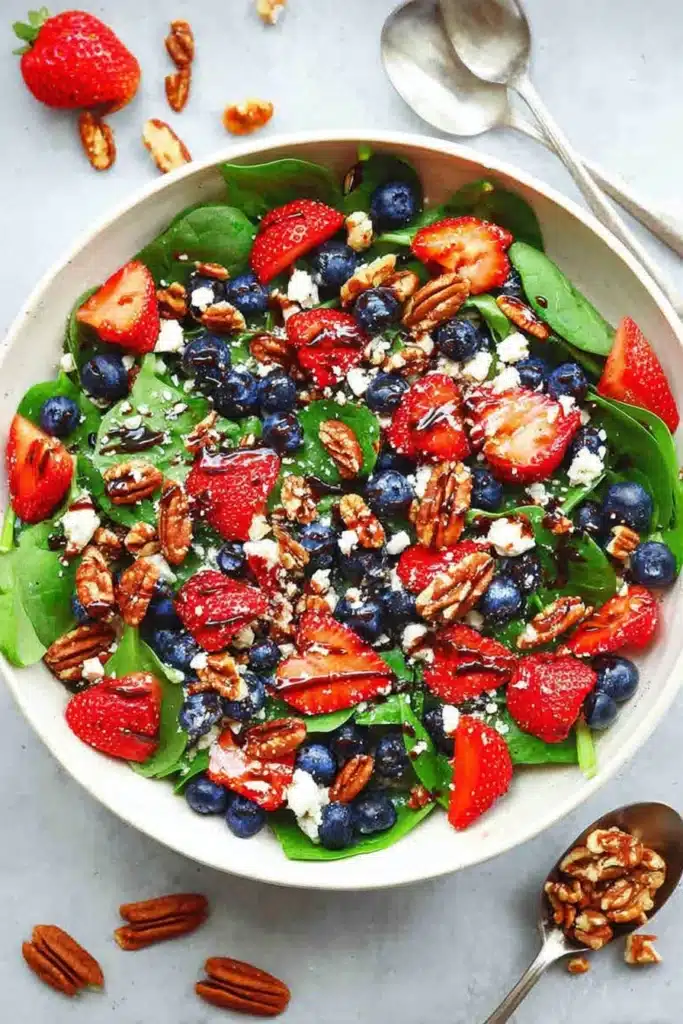 Strawberry spinach salad with blueberries, feta, pecans, and balsamic glaze