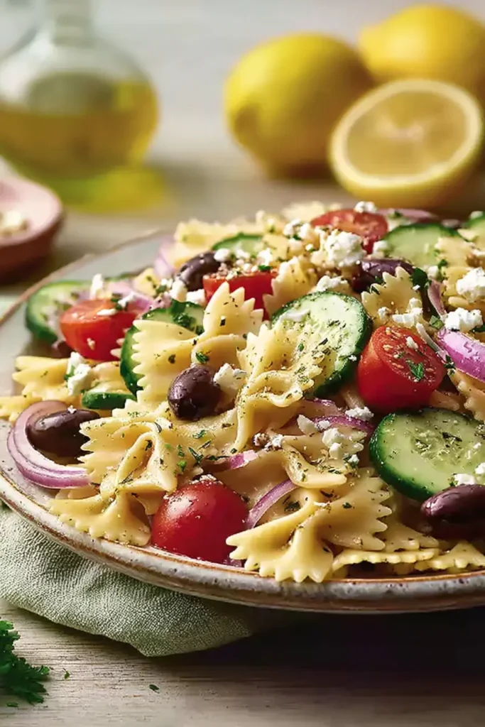 Irresistible Mediterranean Pasta Salad with feta, olives, cucumber, and tomatoes on plate