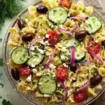 Mediterranean pasta salad with feta, olives, cucumber, and tomatoes in a bowl