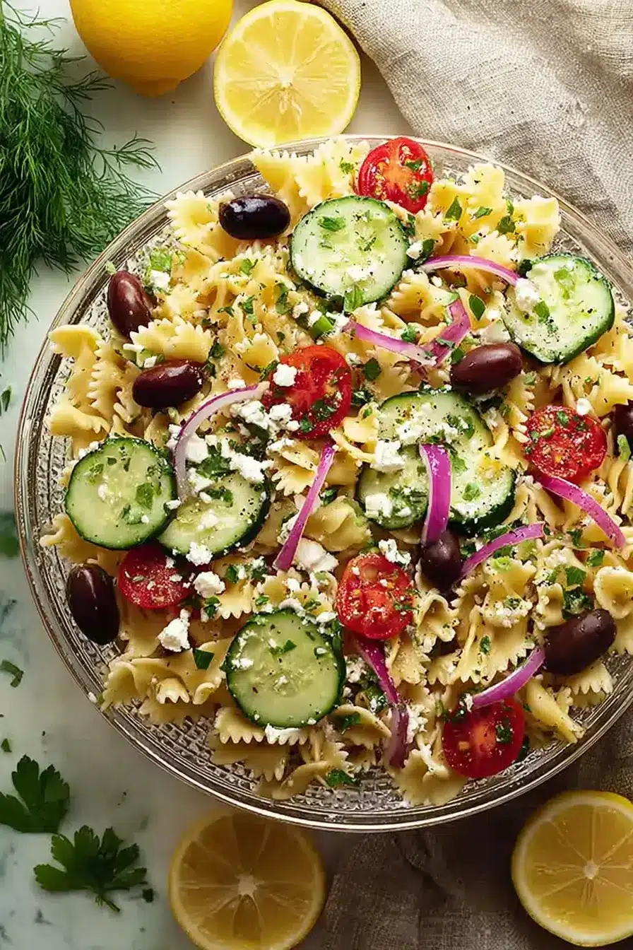 Mediterranean pasta salad with feta, olives, cucumber, and tomatoes in a bowl