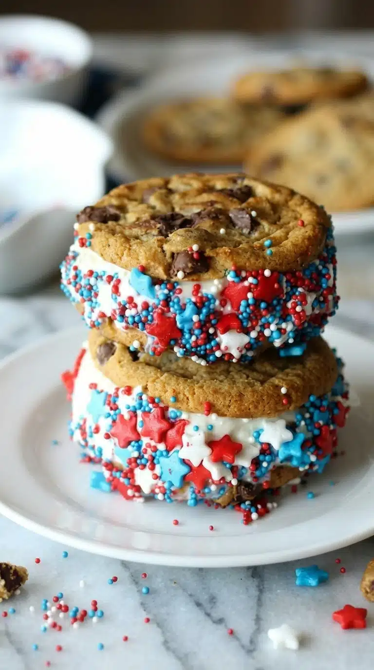 Patriotic Ice Cream Sandwiches with cookies and red white blue sprinkles