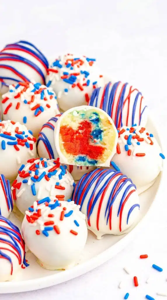 Red White and Blue Cake Balls with patriotic drizzle and sprinkles