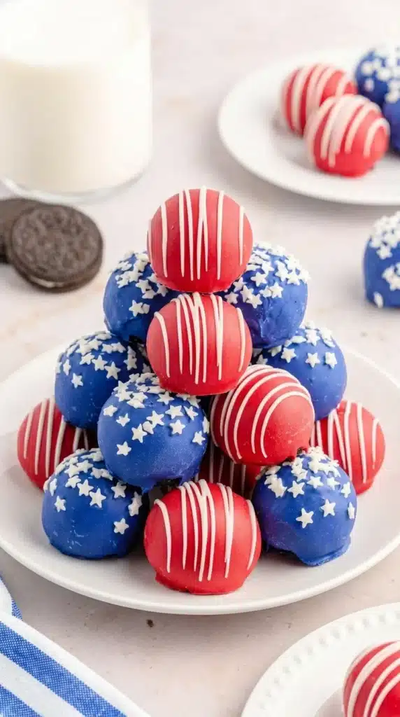 4th Of July Oreo Balls with red white and blue chocolate coating on plate