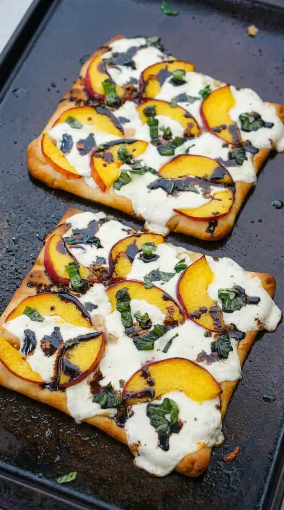 Peach & Basil Naan Bread Pizza with mozzarella and balsamic glaze