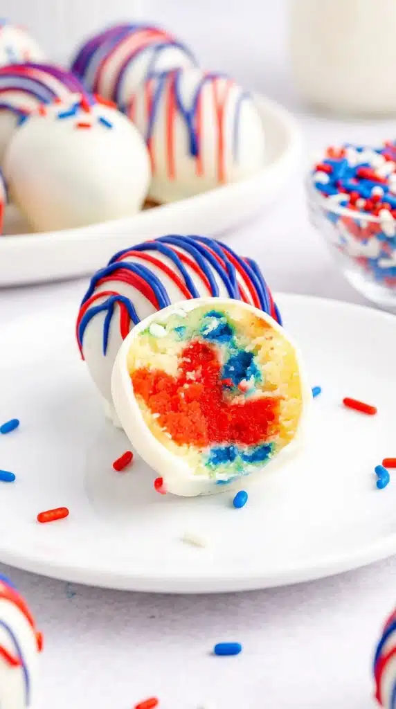 Close up Red White and Blue Cake Balls with colorful cake center