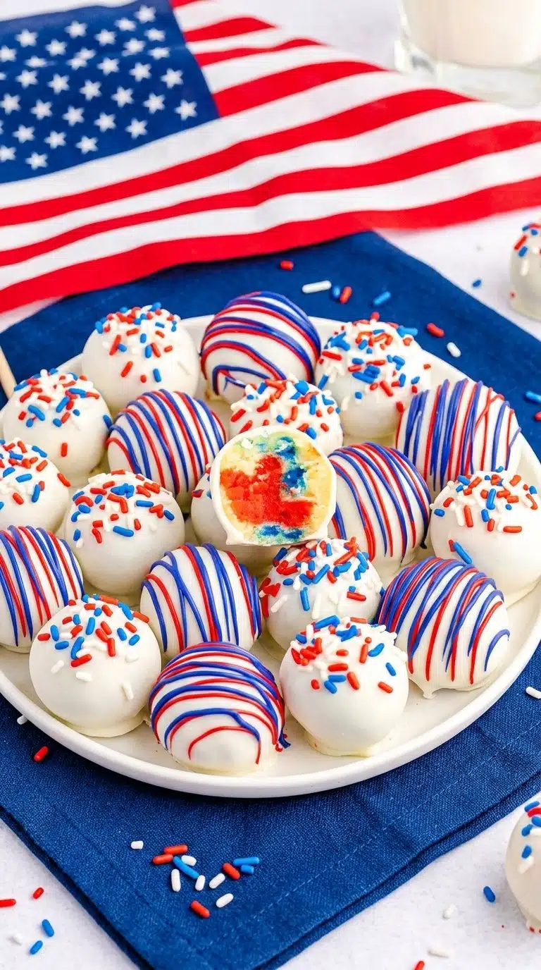 Red White and Blue Cake Balls with candy coating and patriotic sprinkles