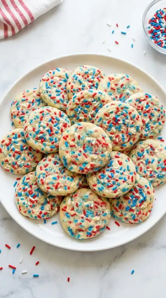 Soft 4th of July Sprinkle Cookies stacked with red white and blue sprinkles