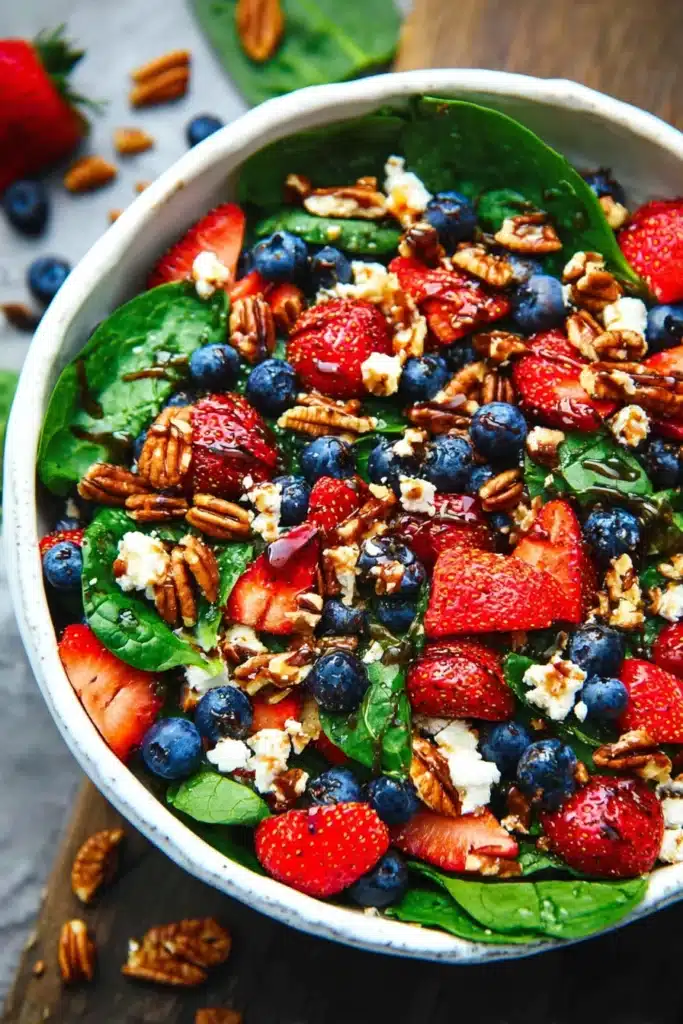 Strawberry spinach salad with feta, pecans, and balsamic glaze