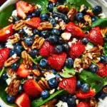 Strawberry spinach salad with feta, blueberries, pecans, and balsamic glaze