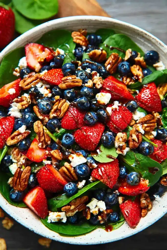 Strawberry spinach salad with feta, blueberries, pecans, and balsamic glaze