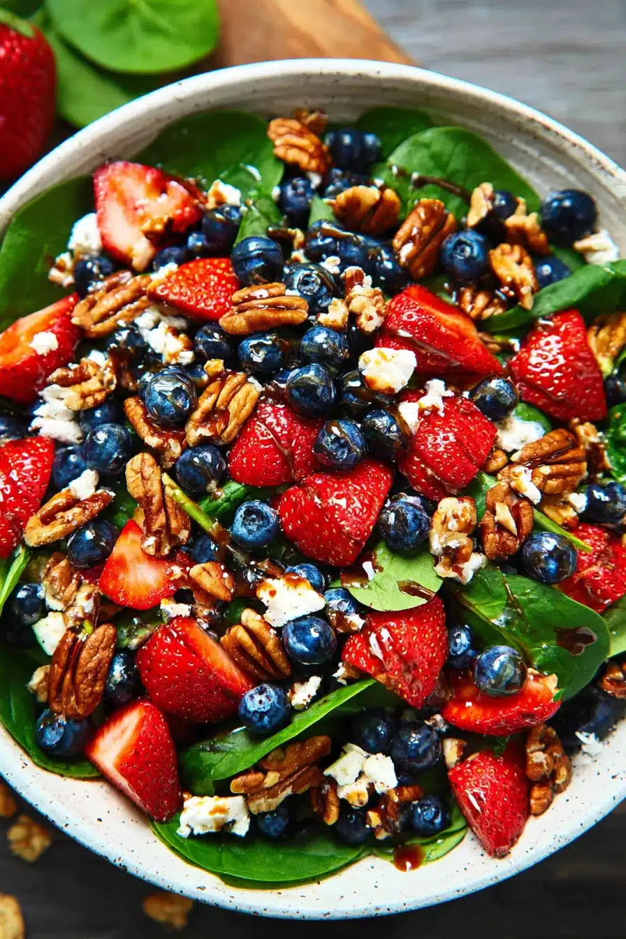 Strawberry spinach salad with feta, blueberries, pecans, and balsamic glaze