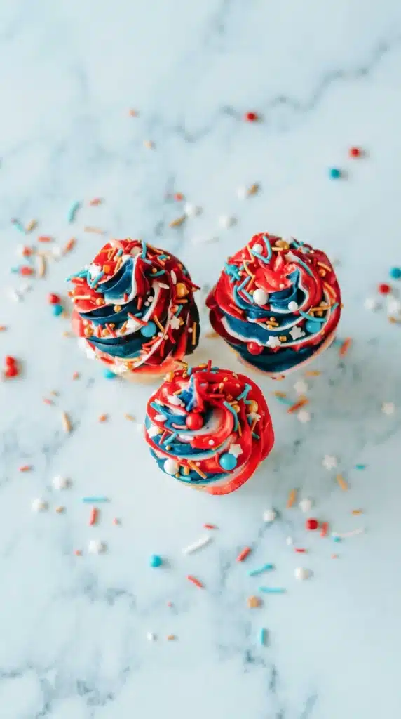 4th Of July Ice Cream Cone Cupcakes top view with red white blue frosting and sprinkles