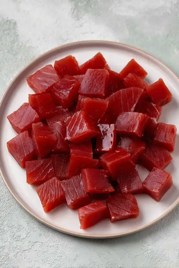  Fresh cubed ahi tuna for homemade poke bowls on a ceramic plate