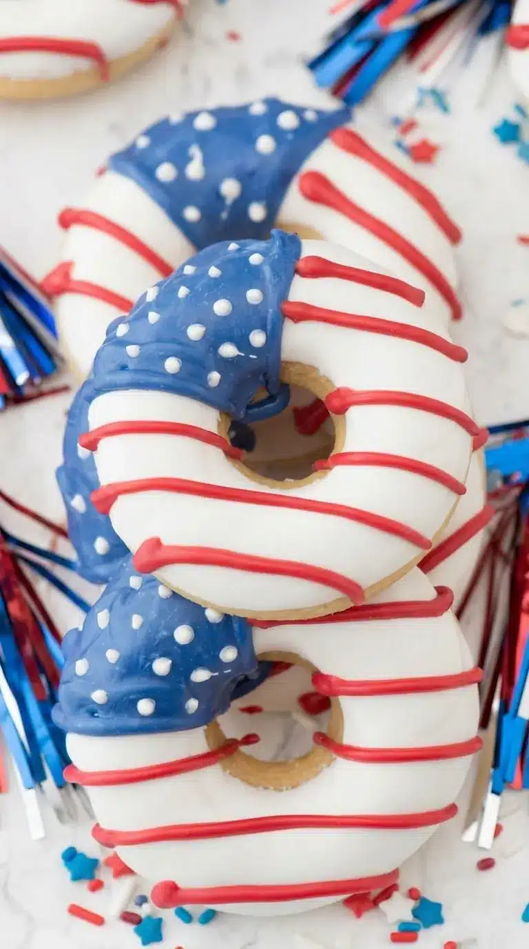 American Flag Donut with red white and blue icing for 4th of July dessert