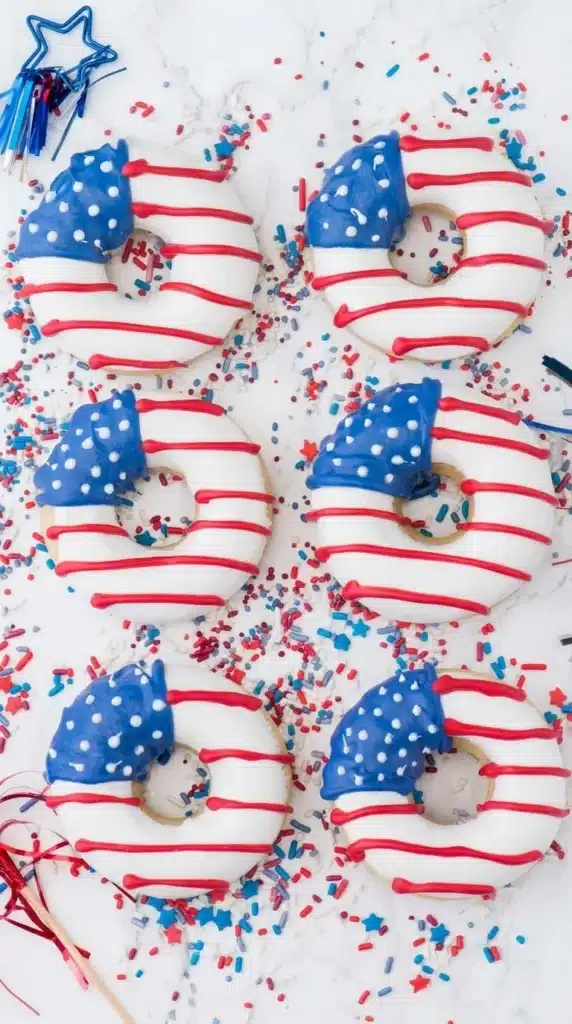 American Flag Donuts with patriotic red white and blue icing decorations