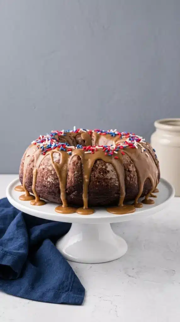 Apple spice Bundt cake with caramel glaze and patriotic sprinkles
