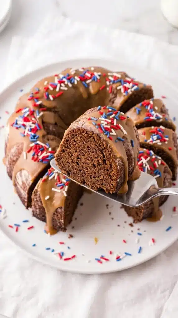 Slice of Apple Spice Cake with caramel glaze and patriotic sprinkles