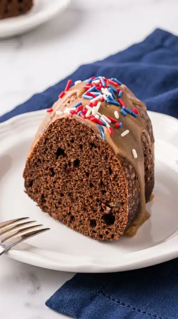 Single slice of Apple Spice Cake with caramel glaze on dessert plate