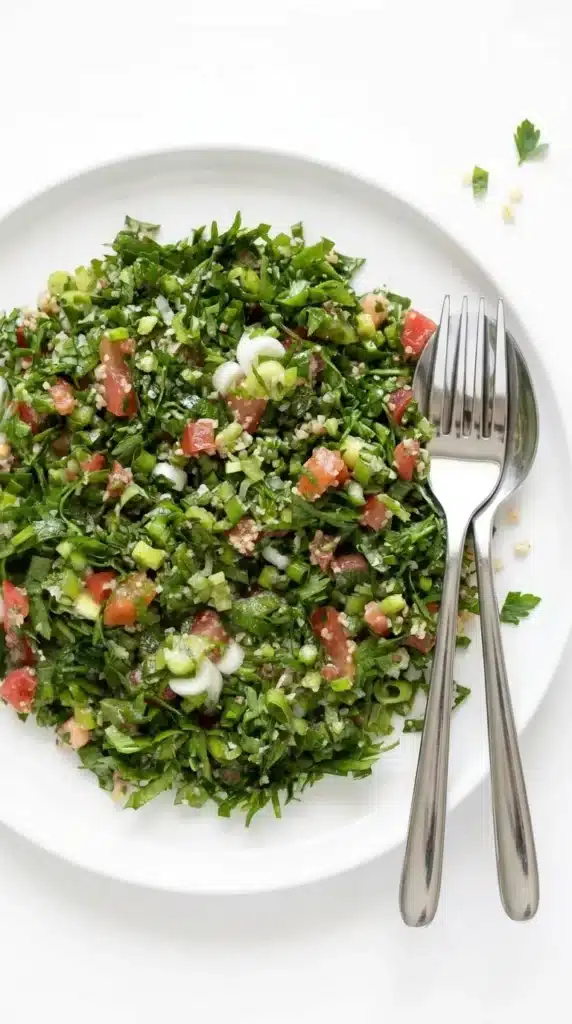 Lebanese Tabbouleh Salad on a white plate with parsley, tomatoes, and bulgur wheat