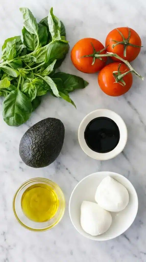 Avocado Caprese Salad Easy Amazing Summer Favorite 5 Avocado Caprese Salad with balsamic glaze drizzled over mozzarella, tomato, and avocado slices