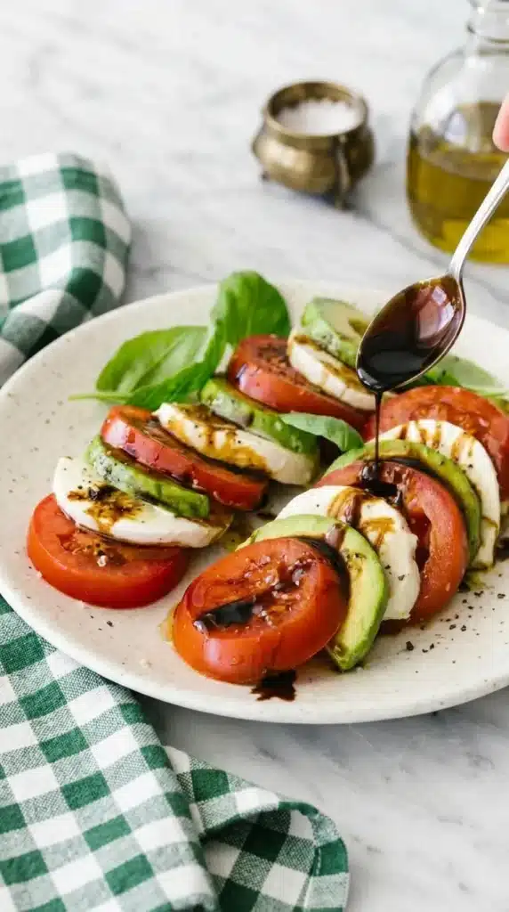 Avocado Caprese Salad Easy Amazing Summer Favorite 6 Avocado Caprese Salad ingredients with tomatoes, mozzarella, basil, avocado, olive oil, and balsamic vinegar