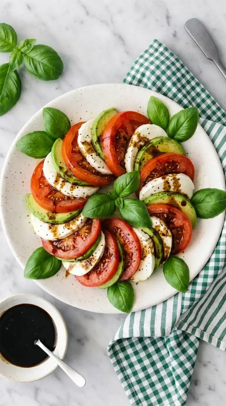 home 6 Avocado Caprese Salad with mozzarella, tomatoes, basil, and balsamic glaze on a ceramic plate