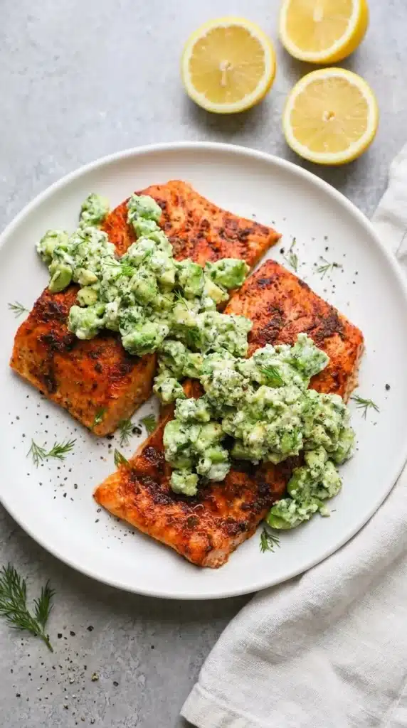 Baked Salmon with Avocado & Feta served with creamy avocado herb topping