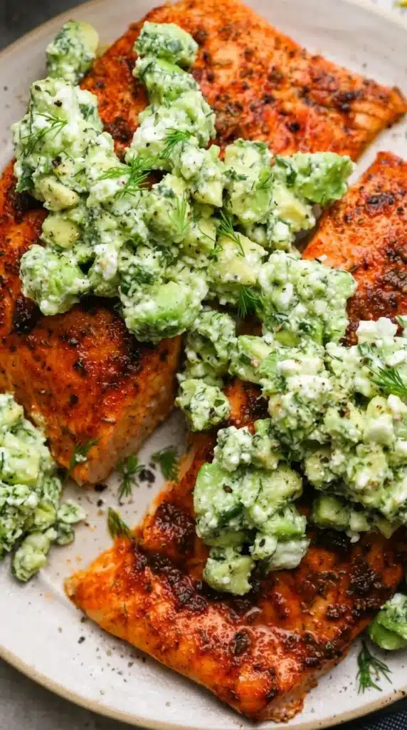 Baked salmon with avocado and feta topping on a ceramic dinner plate