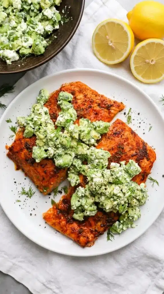 Baked Salmon with Avocado & Feta topped with creamy herb avocado salad