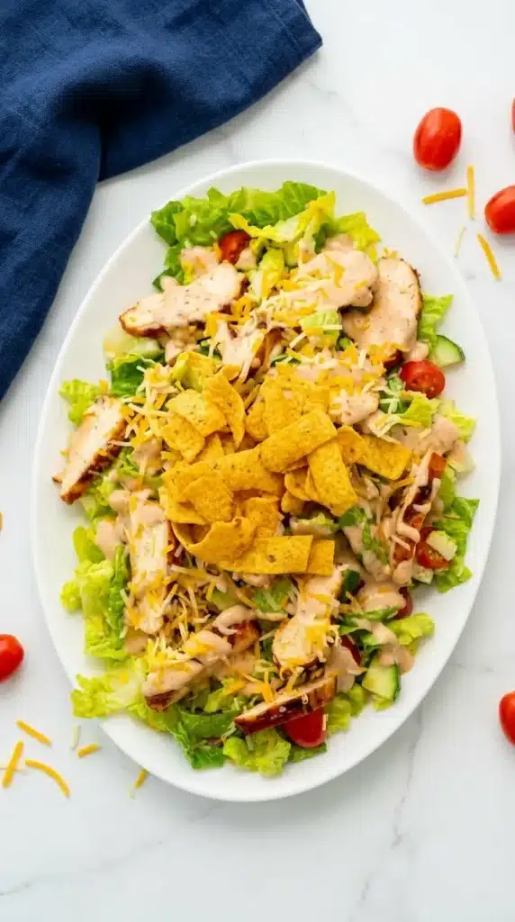 BBQ chicken salad with grilled chicken, lettuce, cheese, ranch dressing, and crunchy tortilla strips