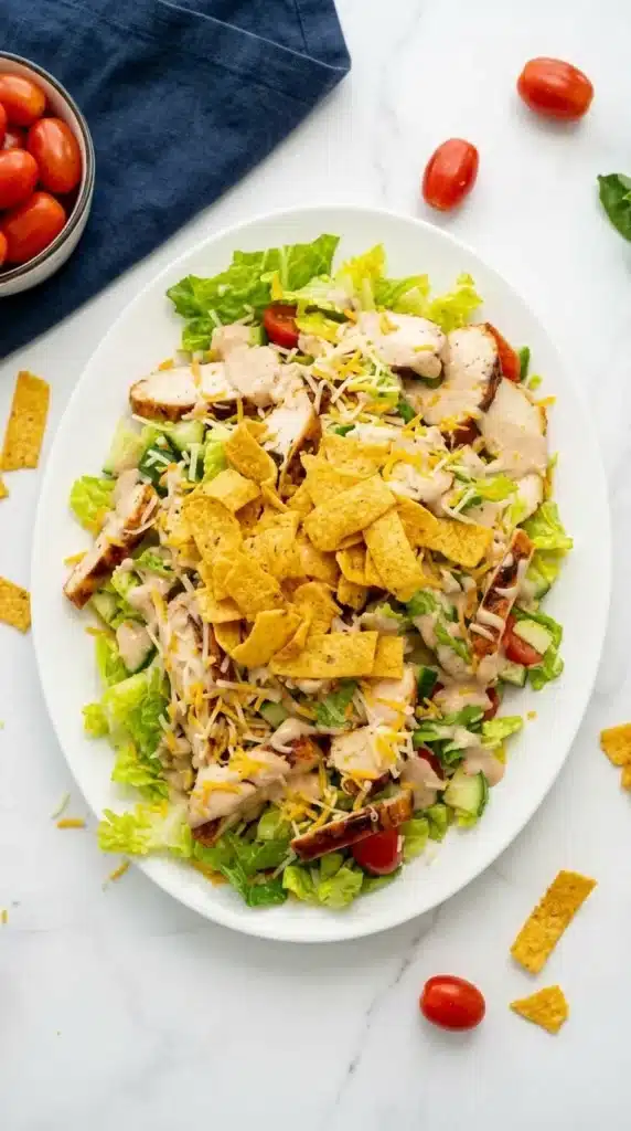 BBQ Chicken Salad with grilled chicken, ranch dressing, lettuce, cheese, and crunchy tortilla strips
