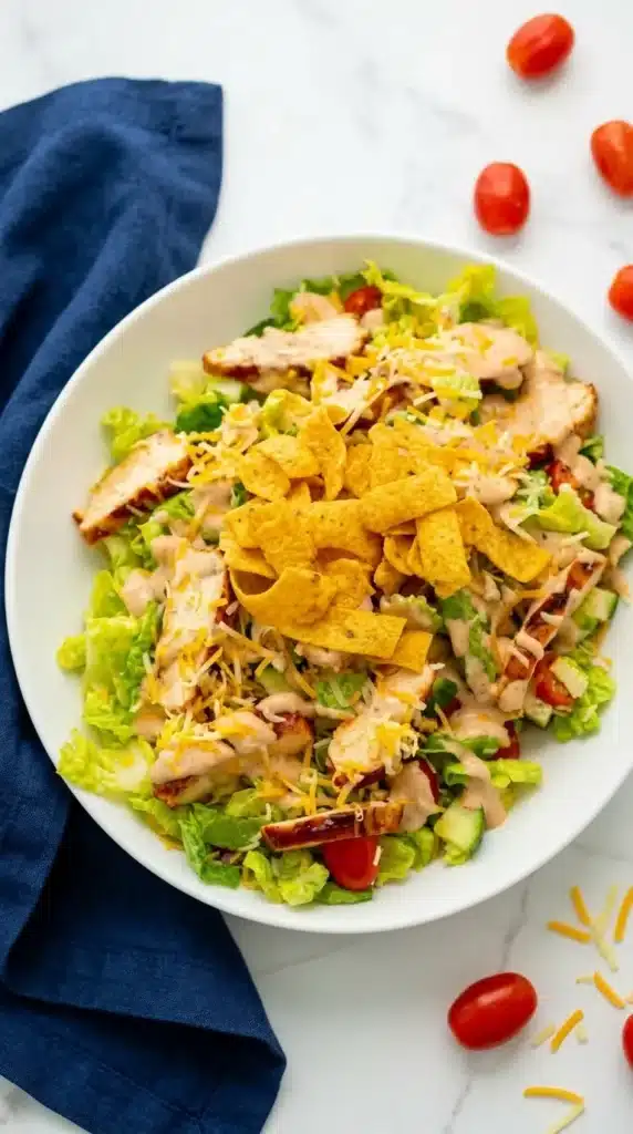 BBQ Chicken Salad in white bowl with grilled chicken and crunchy tortilla strips